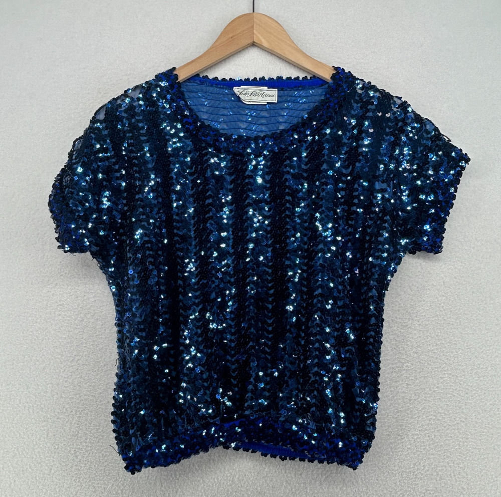 SAKS FIFTH AVENUE Top M Sequin Chevron Embellished Blouse Dolman Sleeve Blue Vtg